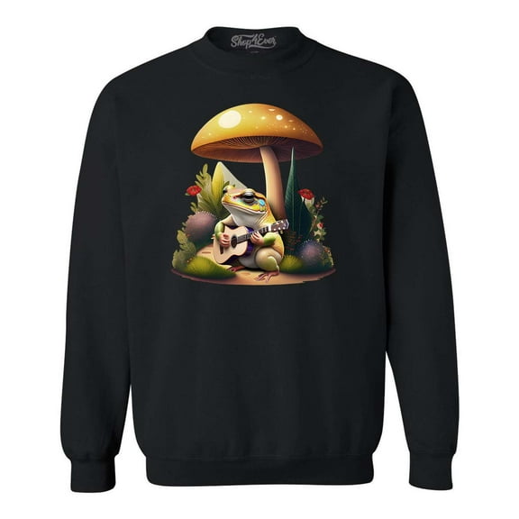 Shop4Ever Men's Frog Playing Guitar Mushroom Cottagecore Crewneck Sweatshirt X-Large Black