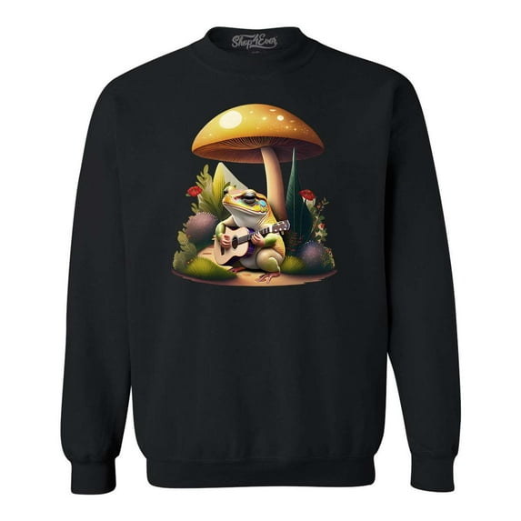 Shop4Ever Men's Frog Playing Guitar Mushroom Cottagecore Crewneck Sweatshirt XXX-Large Black