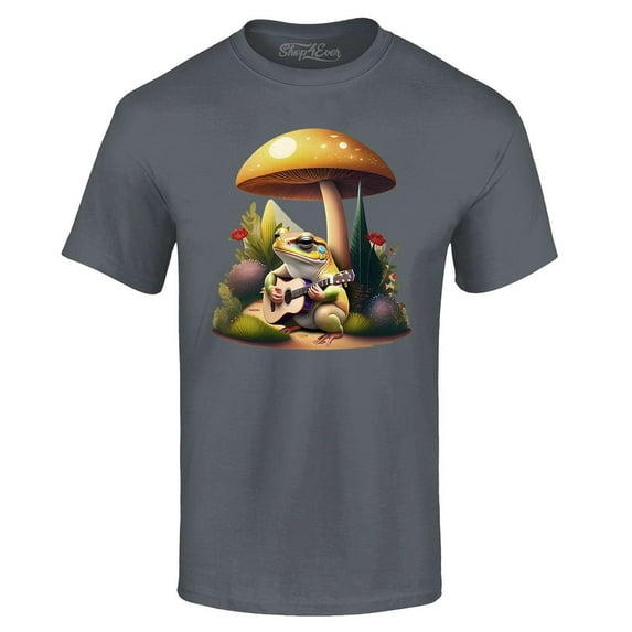 Shop4Ever Men's Frog Playing Guitar Mushroom Cottagecore Graphic T-shirt Small Black
