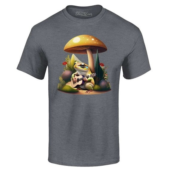 Shop4Ever Men's Frog Playing Guitar Mushroom Cottagecore Graphic T-shirt Small Charcoal