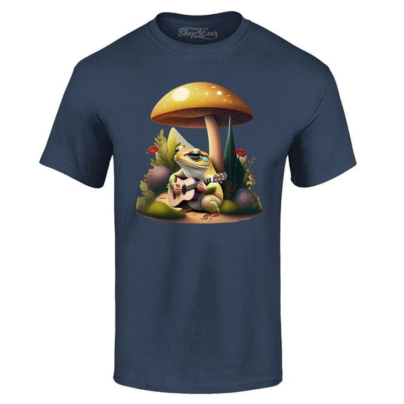 Shop4Ever Men's Frog Playing Guitar Mushroom Cottagecore Graphic T-shirt XXXXX-Large Navy