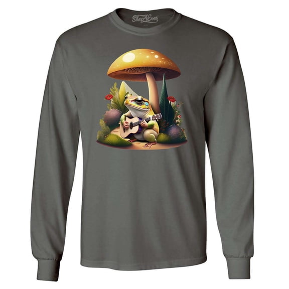 Shop4Ever Men's Frog Playing Guitar Mushroom Cottagecore Long Sleeve Shirt Medium Charcoal