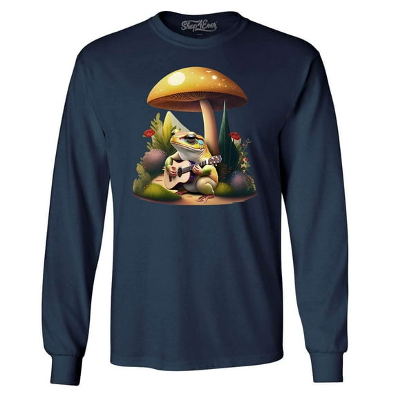 Shop4Ever Men's Frog Playing Guitar Mushroom Cottagecore Long Sleeve Shirt XXX-Large Navy