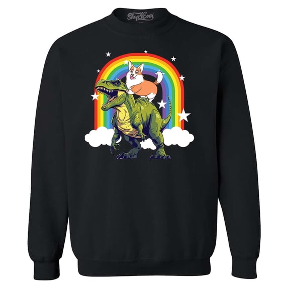 Shop4Ever Men's Funny Corgi Riding Dinosaur and Rainbow Crewneck Sweatshirt XX-Large Black
