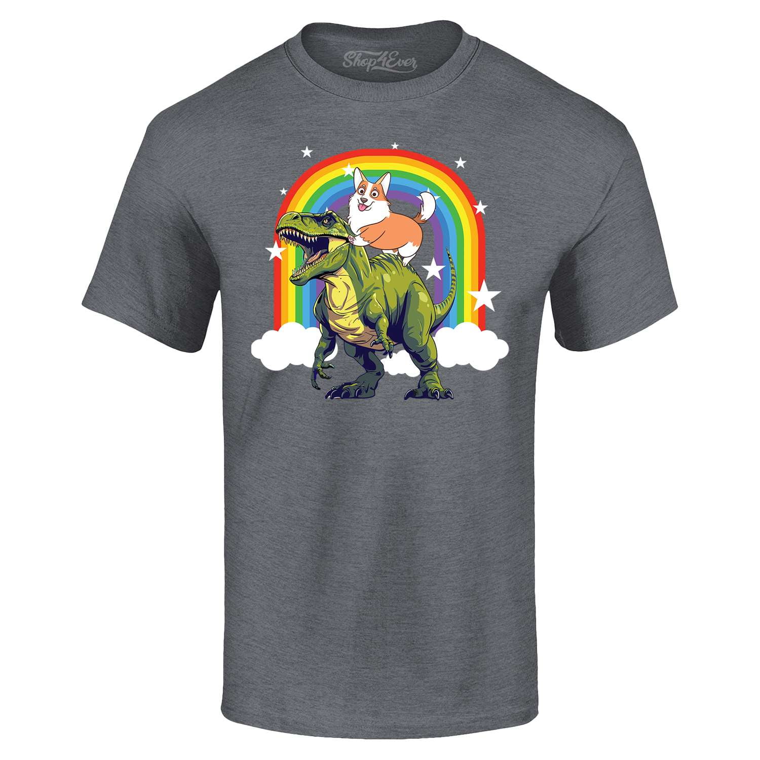 Shop4Ever Men's Funny Corgi Riding Dinosaur and Rainbow Graphic T-shirt ...