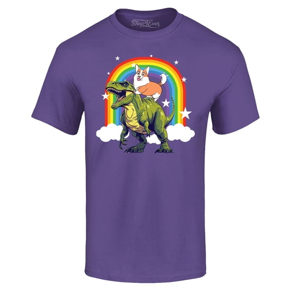 Shop4Ever Men's Funny Corgi Riding Dinosaur and Rainbow Graphic T-shirt XX-Large Purple