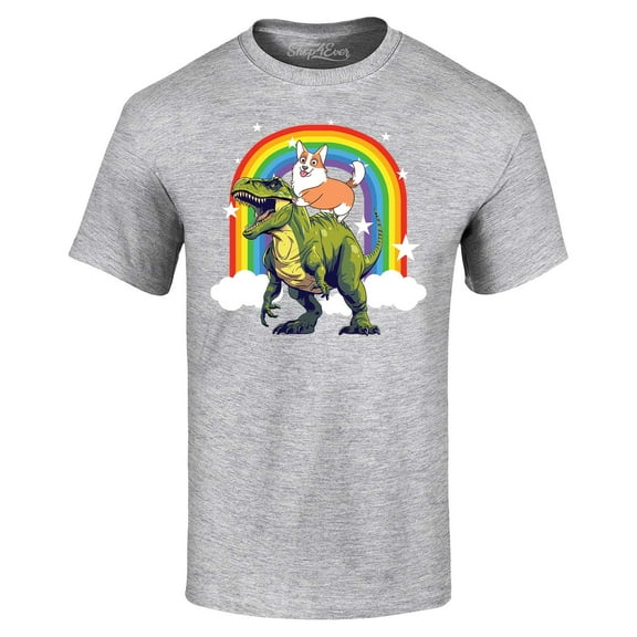 Shop4Ever Men's Funny Corgi Riding Dinosaur and Rainbow Graphic T-shirt XXXX-Large Sports Grey