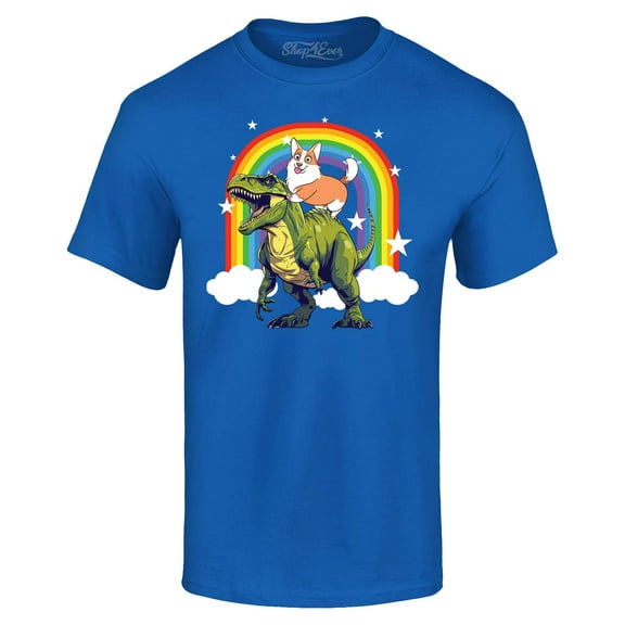 Shop4Ever Men's Funny Corgi Riding Dinosaur and Rainbow Graphic T-shirt XXXXX-Large Royal Blue