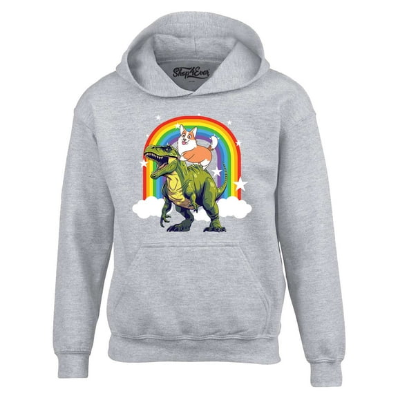 Shop4Ever Men's Funny Corgi Riding Dinosaur and Rainbow Hooded Sweatshirt Hoodie Large Sports Grey