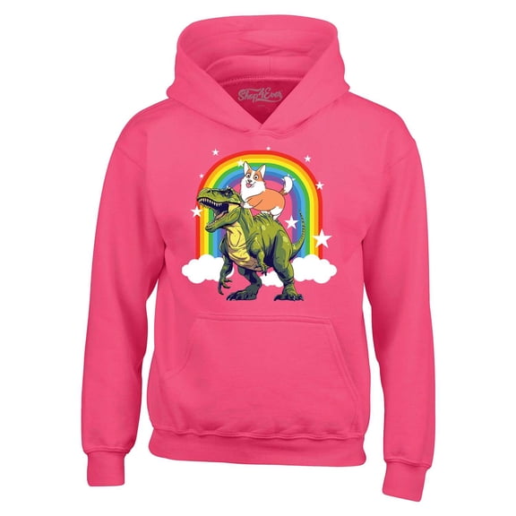 Shop4Ever Men's Funny Corgi Riding Dinosaur and Rainbow Hooded Sweatshirt Hoodie Medium Heliconia Pink