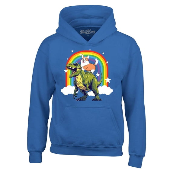 Shop4Ever Men's Funny Corgi Riding Dinosaur and Rainbow Hooded Sweatshirt Hoodie Medium Royal Blue
