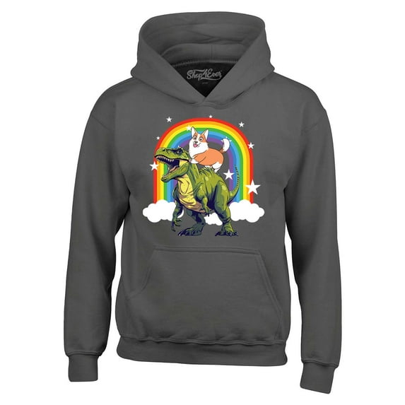Shop4Ever Men's Funny Corgi Riding Dinosaur and Rainbow Hooded Sweatshirt Hoodie Small Charcoal