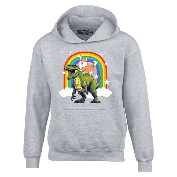 Shop4Ever Men's Funny Corgi Riding Dinosaur and Rainbow Hooded Sweatshirt Hoodie XX-Large Sports Grey