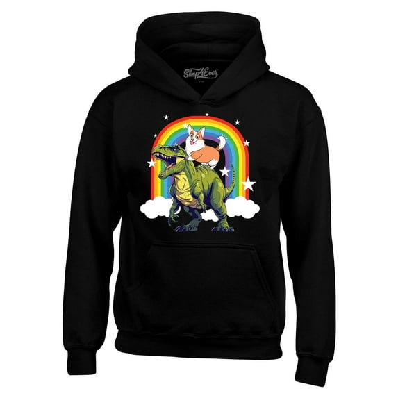 Shop4Ever Men's Funny Corgi Riding Dinosaur and Rainbow Hooded Sweatshirt Hoodie XXXXX-Large Black