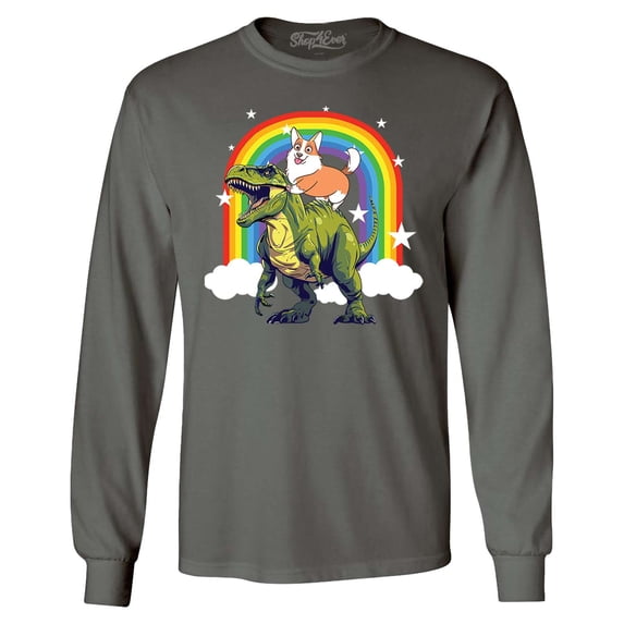 Shop4Ever Men's Funny Corgi Riding Dinosaur and Rainbow Long Sleeve Shirt Large Charcoal