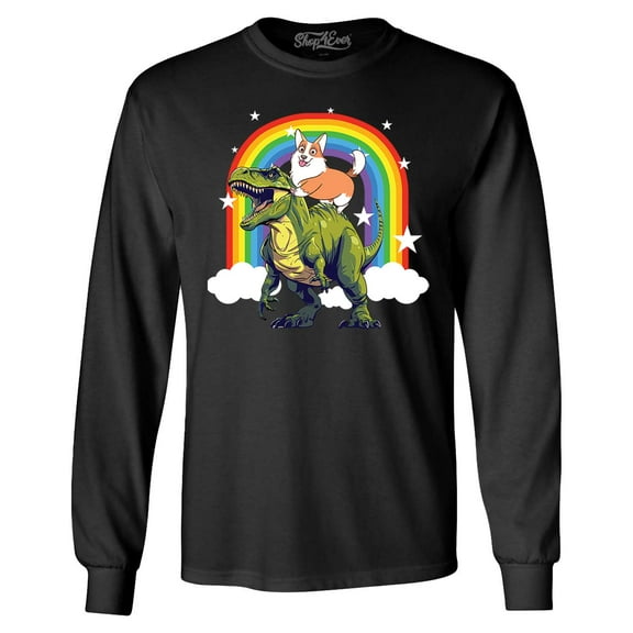 Shop4Ever Men's Funny Corgi Riding Dinosaur and Rainbow Long Sleeve Shirt Medium Black