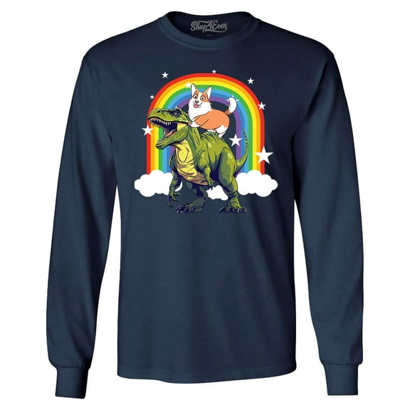 Shop4Ever Men's Funny Corgi Riding Dinosaur and Rainbow Long Sleeve Shirt Medium Navy