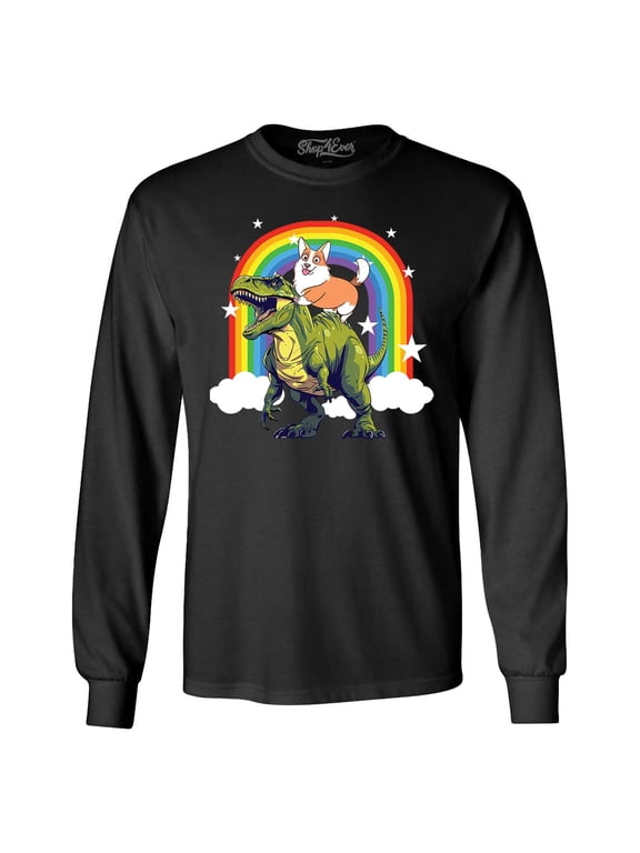 Men's Funny Corgi Riding Dinosaur and Rainbow Long Sleeve Shirt Small Black
