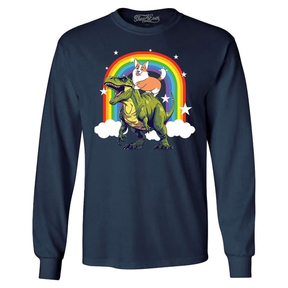 Shop4Ever Men's Funny Corgi Riding Dinosaur and Rainbow Long Sleeve Shirt X-Large Navy