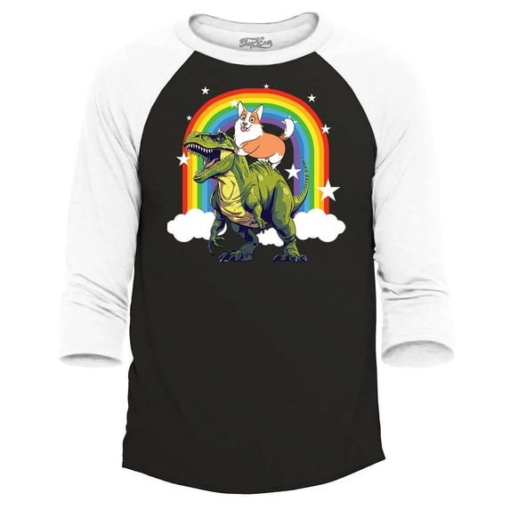 Shop4Ever Men's Funny Corgi Riding Dinosaur and Rainbow Raglan Baseball Shirt XXX-Large Black/White