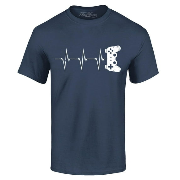 Shop4Ever Men's Gamer Heartbeat Controller Graphic T-shirt Medium Navy