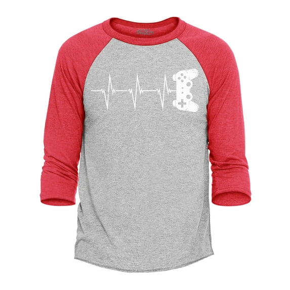 Shop4Ever Men's Gamer Heartbeat Video Gaming Raglan Baseball Shirt Small Heather Grey/Red