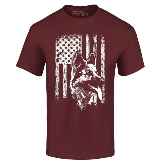 Shop4Ever Men's German Shepherd American Flag Graphic T-shirt Medium Maroon