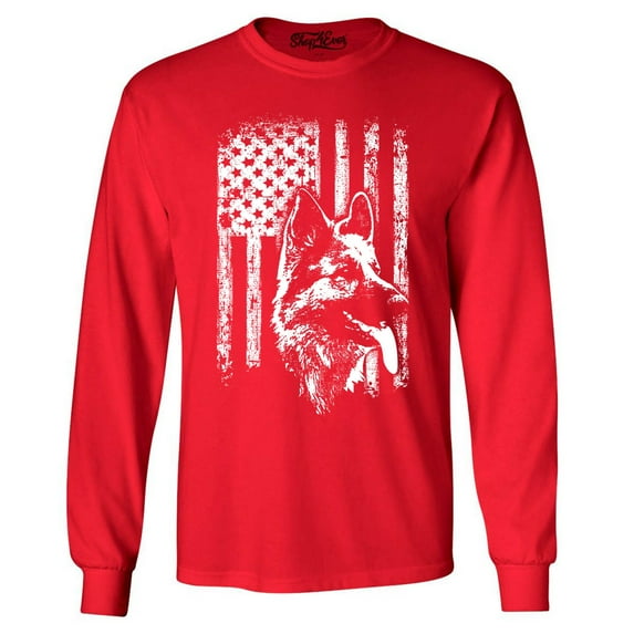 Shop4Ever Men's German Shepherd American Flag Long Sleeve Shirt Large Red