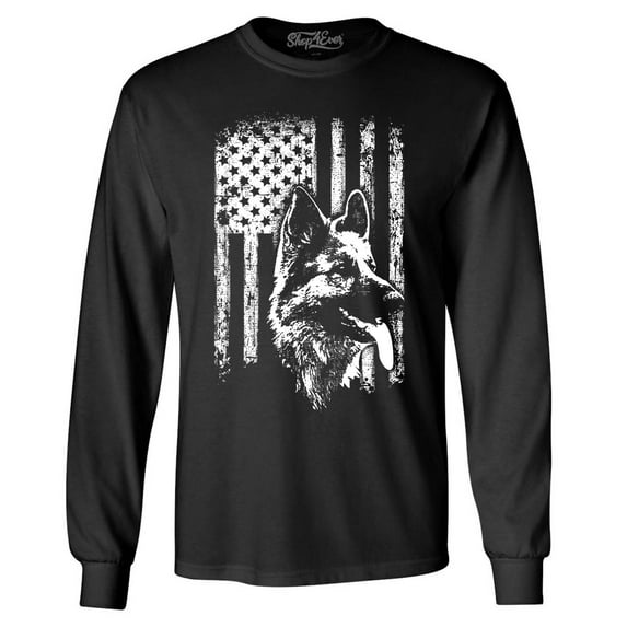 Shop4Ever Men's German Shepherd American Flag Long Sleeve Shirt X-Large Black