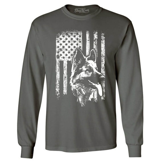 Shop4Ever Men's German Shepherd American Flag Long Sleeve Shirt X-Large Charcoal