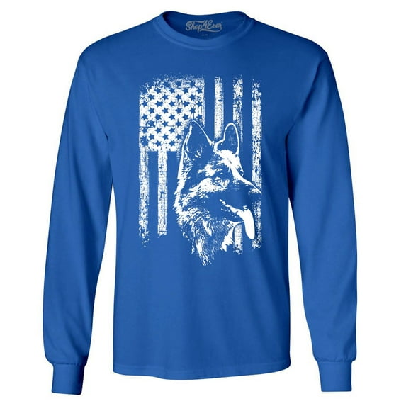 Shop4Ever Men's German Shepherd American Flag Long Sleeve Shirt XX-Large Royal Blue