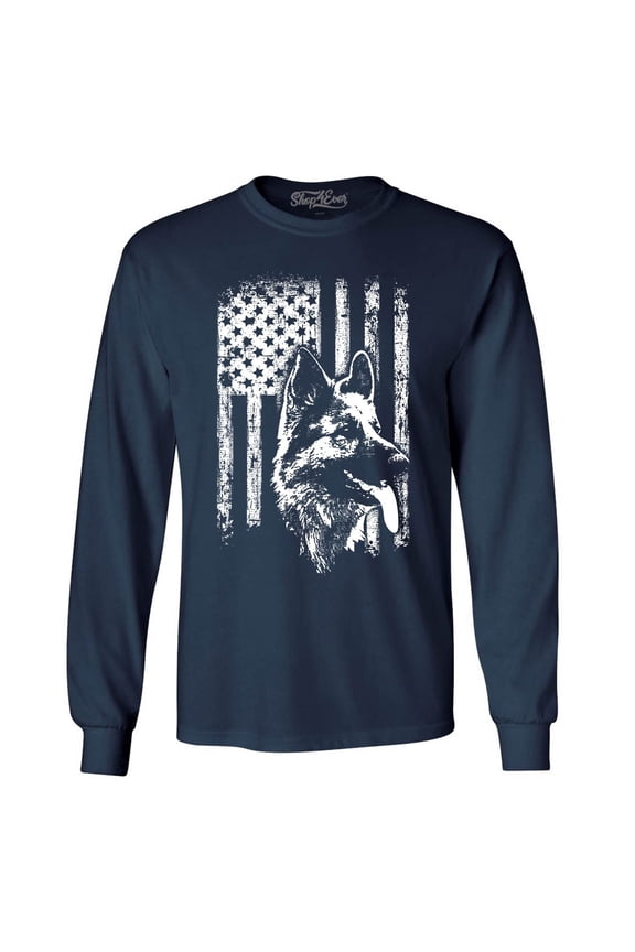 Men's German Shepherd American Flag Long Sleeve Shirt XXX-Large Navy