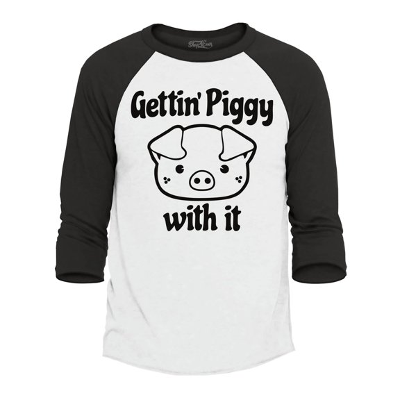 Shop4Ever Men's Getting' Piggy with It Raglan Baseball Shirt Small White/Black