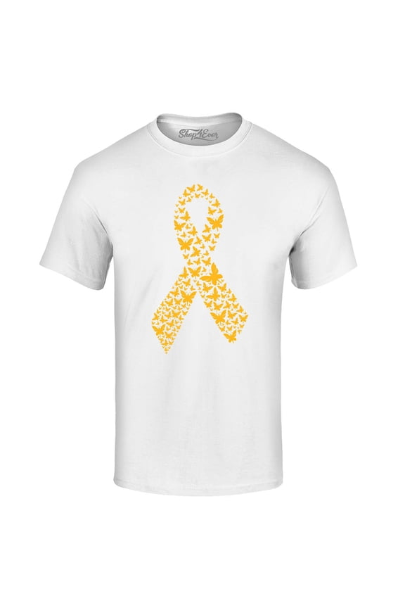 Men's Gold Butterfly Ribbon Childhood Graphic T-shirt XXXX-Large White