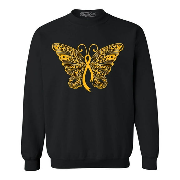 Shop4Ever Men's Gold Ribbon Butterfly Crewneck Sweatshirt Small Black