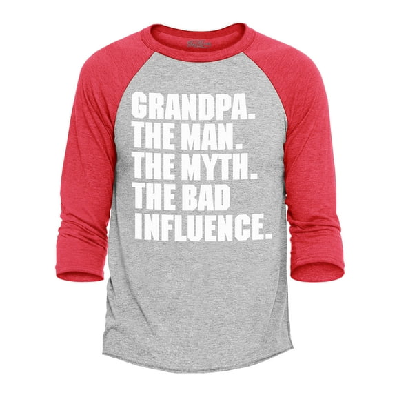 Shop4Ever Men's Grandpa The Man The Myth The Bad Influence Raglan Baseball Shirt Large Heather Grey/Red
