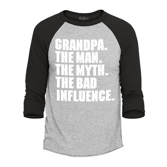 Shop4Ever Men's Grandpa The Man The Myth The Bad Influence Raglan Baseball Shirt Medium Heather Grey/Black