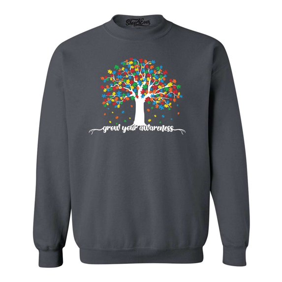 Shop4Ever Men's Grow Your Awareness Autism Puzzle Tree Crewneck Sweatshirt Medium Charcoal