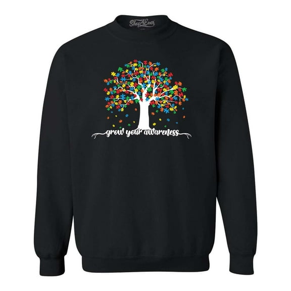 Shop4Ever Men's Grow Your Awareness Autism Puzzle Tree Crewneck Sweatshirt Small Black