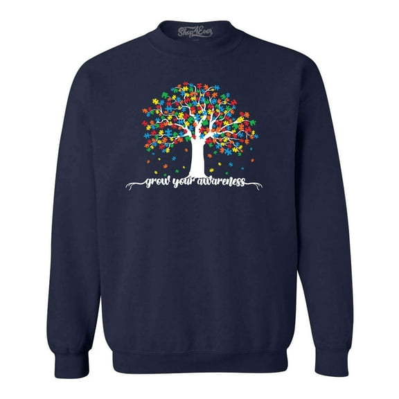 Shop4Ever Men's Grow Your Awareness Autism Puzzle Tree Crewneck Sweatshirt Small Navy