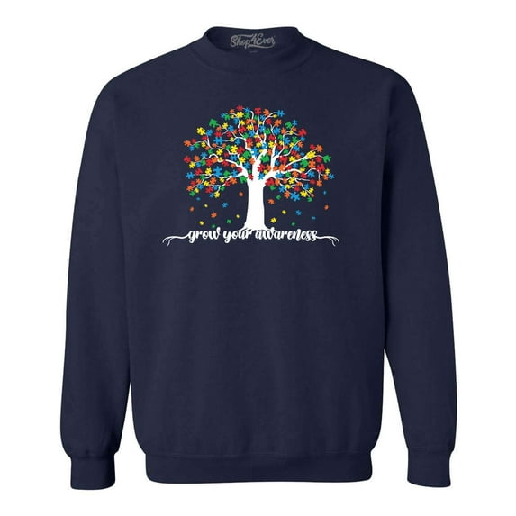 Shop4Ever Men's Grow Your Awareness Autism Puzzle Tree Crewneck Sweatshirt XXX-Large Navy