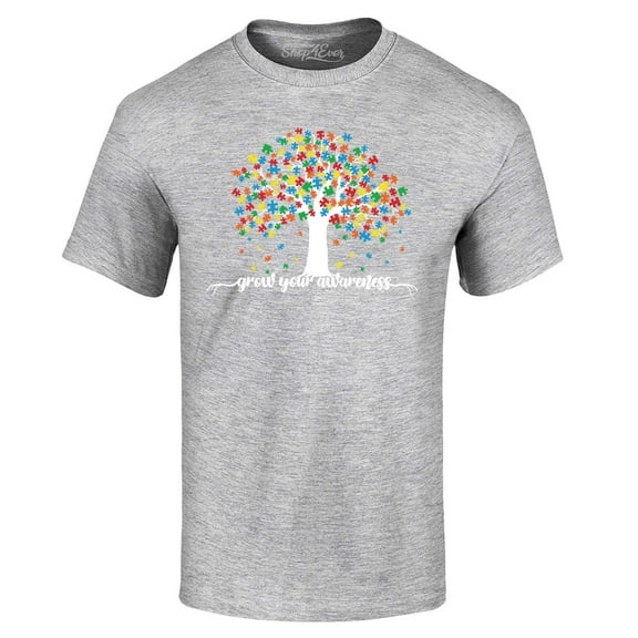 Shop4Ever Men's Grow Your Awareness Autism Puzzle Tree Graphic T-shirt XX-Large Sports Grey