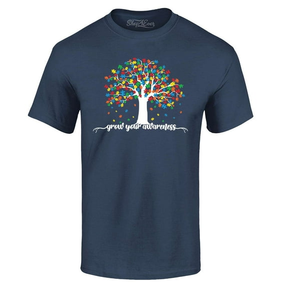 Shop4Ever Men's Grow Your Awareness Autism Puzzle Tree Graphic T-shirt XXXX-Large Navy