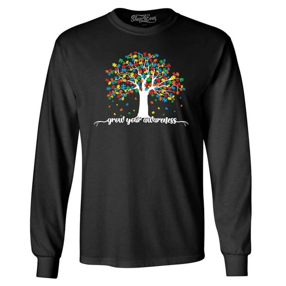 Shop4Ever Men's Grow Your Awareness Autism Puzzle Tree Long Sleeve Shirt Large Black
