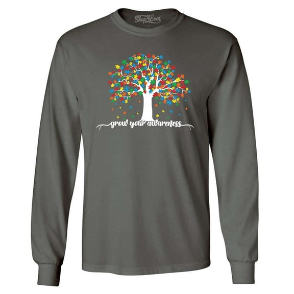 Shop4Ever Men's Grow Your Awareness Autism Puzzle Tree Long Sleeve Shirt Small Charcoal