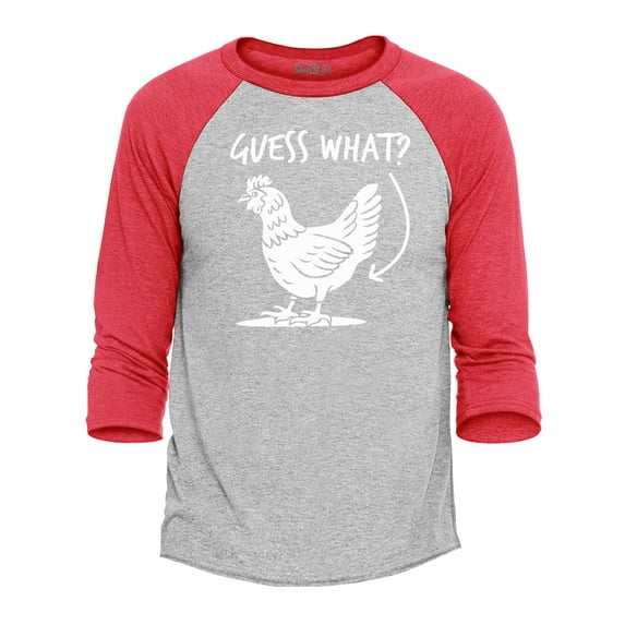 Shop4Ever Men's Guess What? Chicken Butt Raglan Baseball Shirt Medium Heather Grey/Red