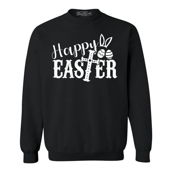 Shop4Ever Men's Happy Easter With Cross Crewneck Sweatshirt Medium Black