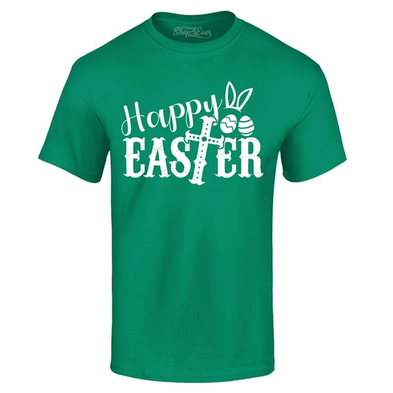Shop4Ever Men's Happy Easter With Cross Graphic T-shirt X-Large Kelly
