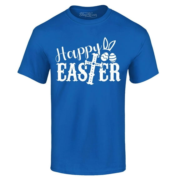 Shop4Ever Men's Happy Easter With Cross Graphic T-shirt X-Large Royal Blue