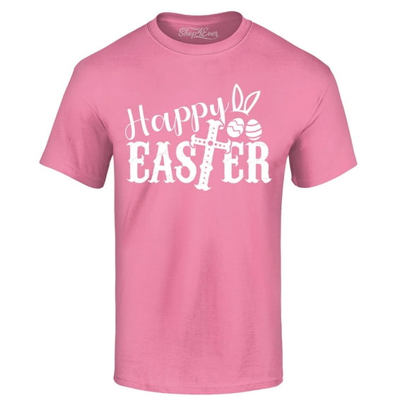 Shop4Ever Men's Happy Easter With Cross Graphic T-shirt XXXXX-Large Azalea Pink